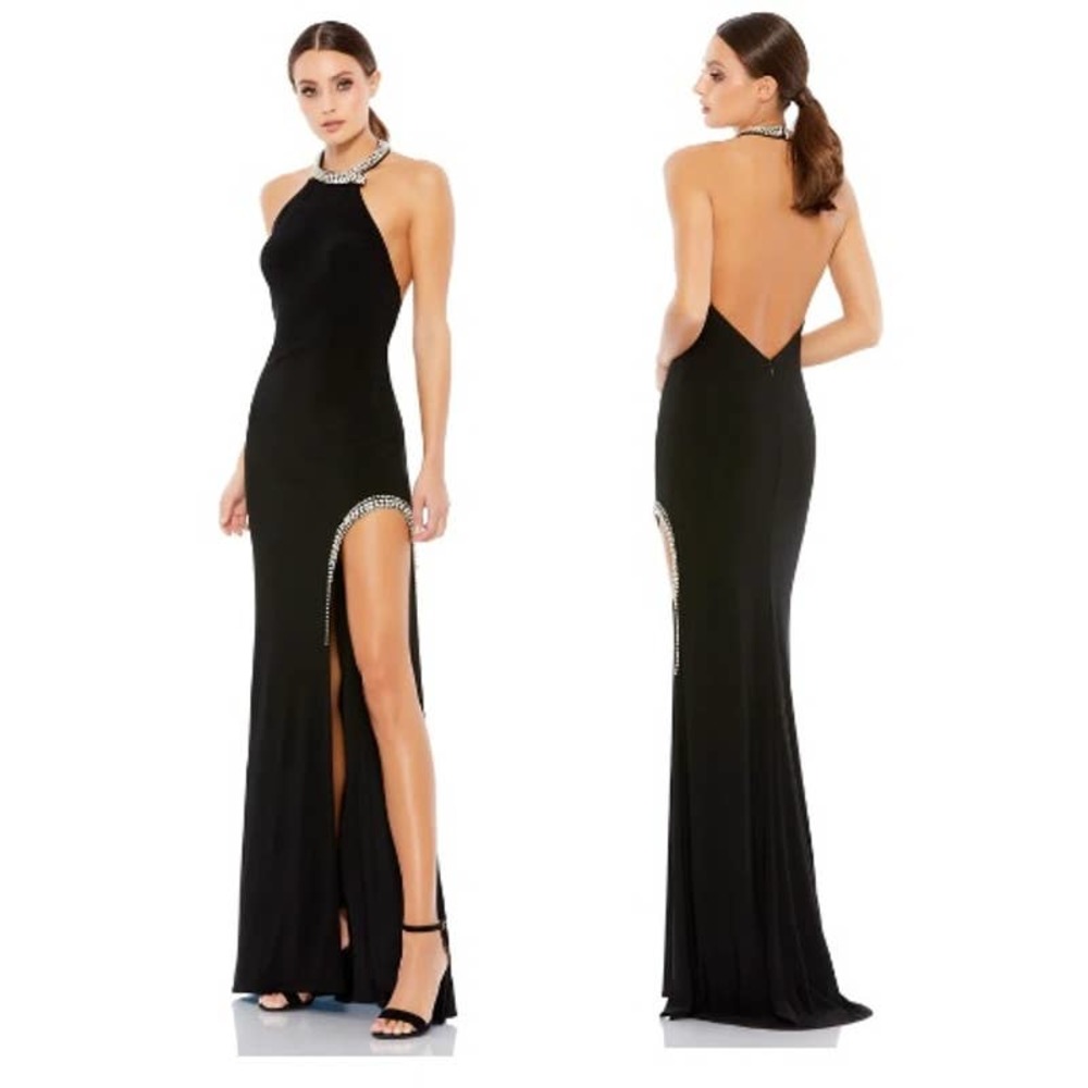 Ieena For Mac Duggal Rhinestone U-Slit Backless Halter Dress Black Women's 8 NWT